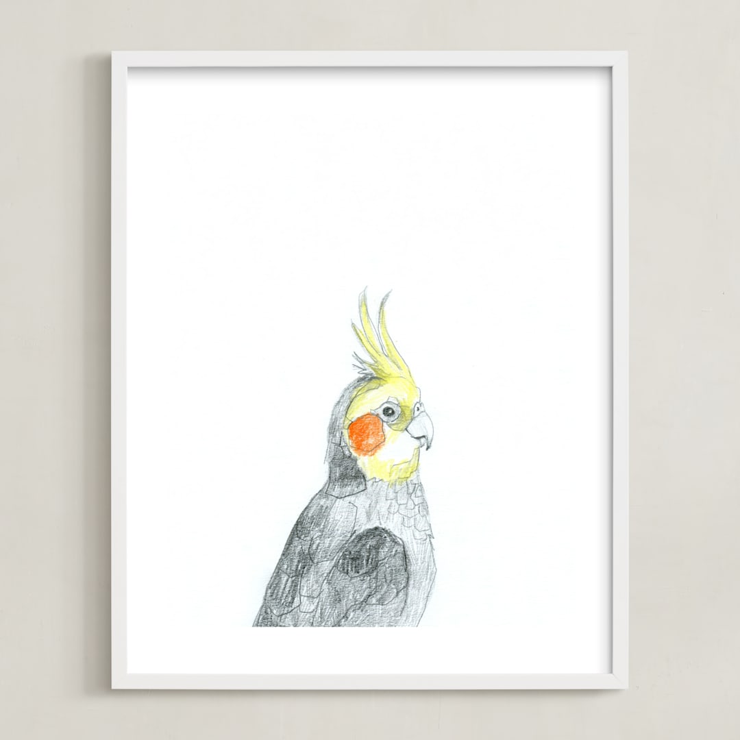 "Cockatiel" - Art Print in Grey with a splash of yellow by Kirsta Benedetti - Framed