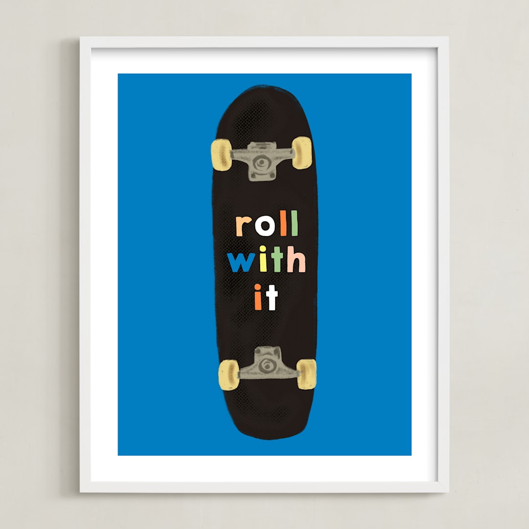 "roll with it" - Art Print in blue by Baumbirdy - Framed