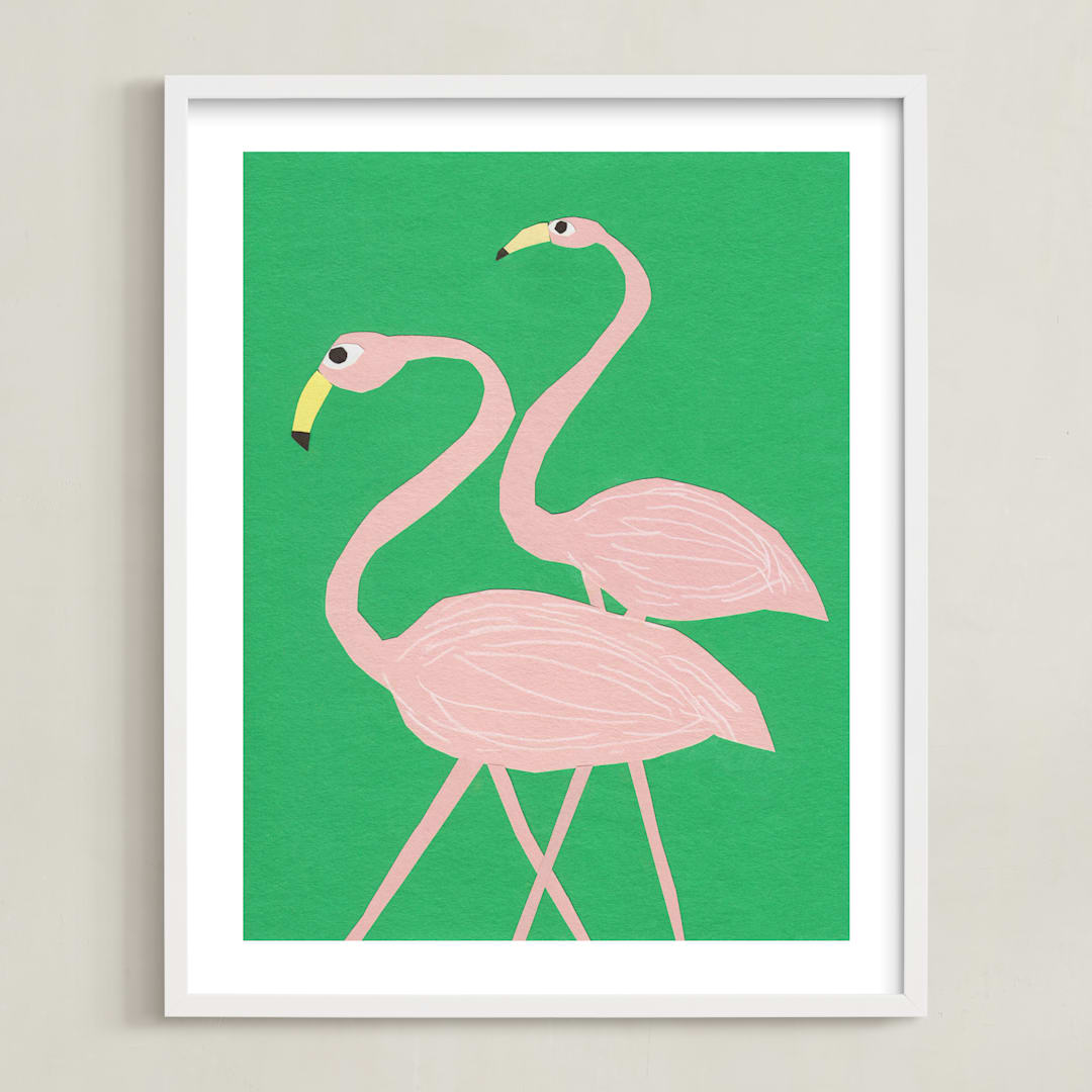"Flamingo Amigos" - Art Print in grass green by Elliot Stokes - Framed