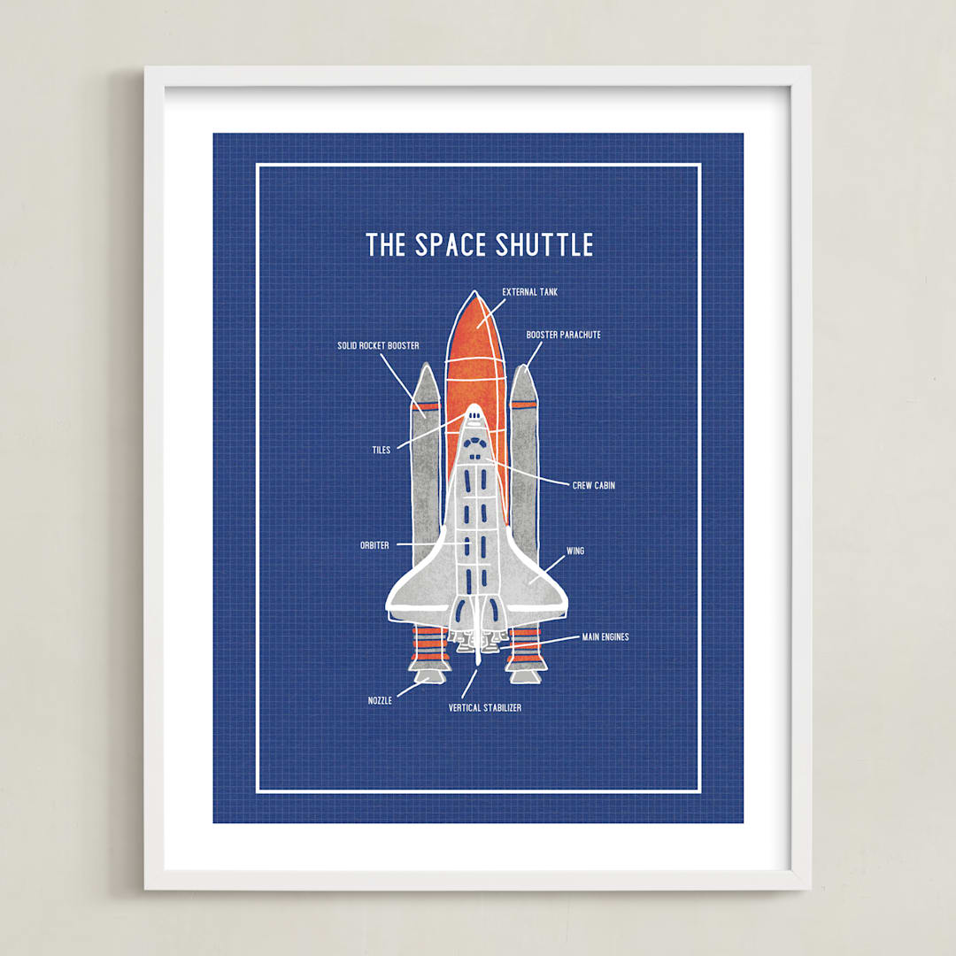 "The Space Shuttle" - Art Print in Blueprint by Meggy Masters - Framed