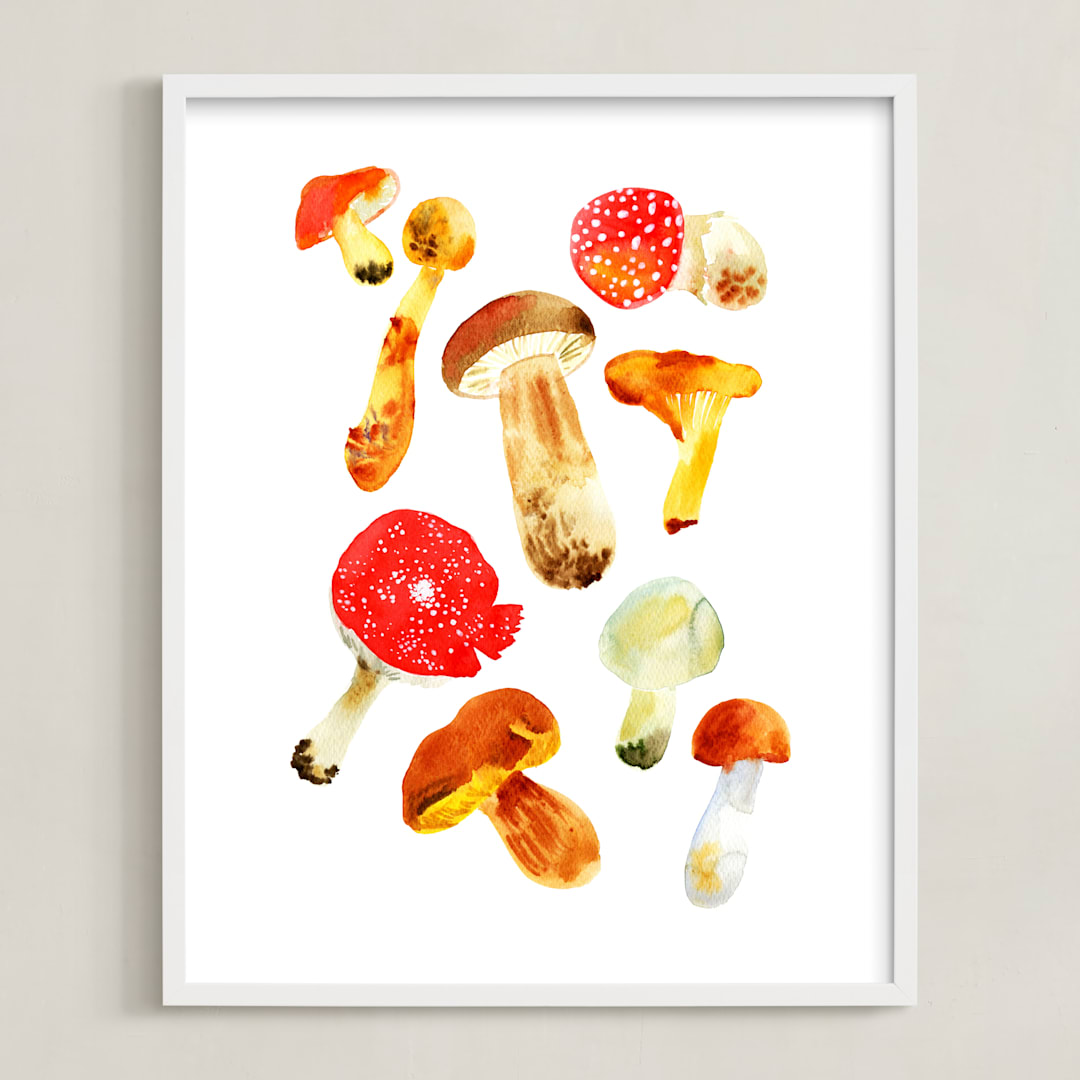 "Forest mushrooms" - Art Print in Fox orange by Alexandra Dzh - Framed