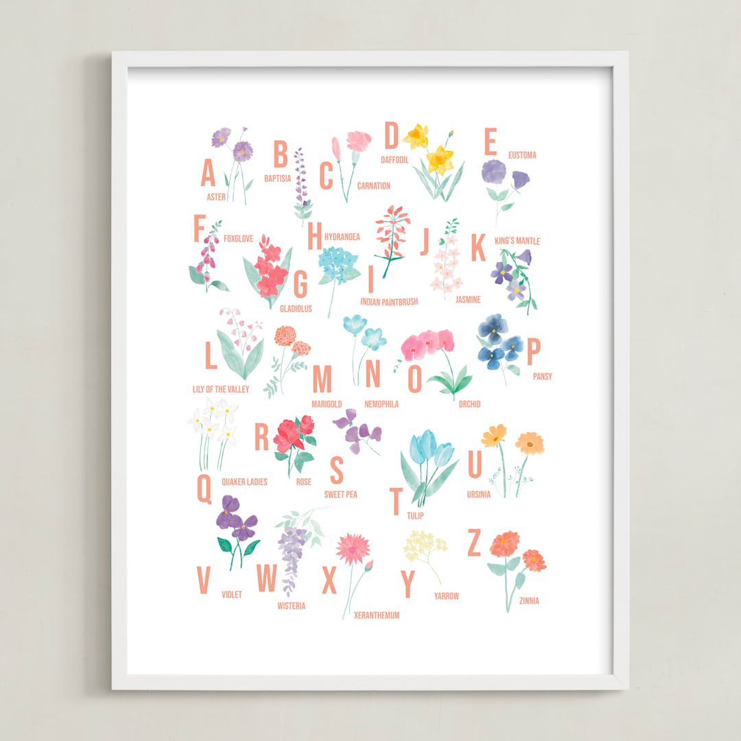 "Flower Alphabet" - Art Print in Peach by Jessica Kelemen - Framed