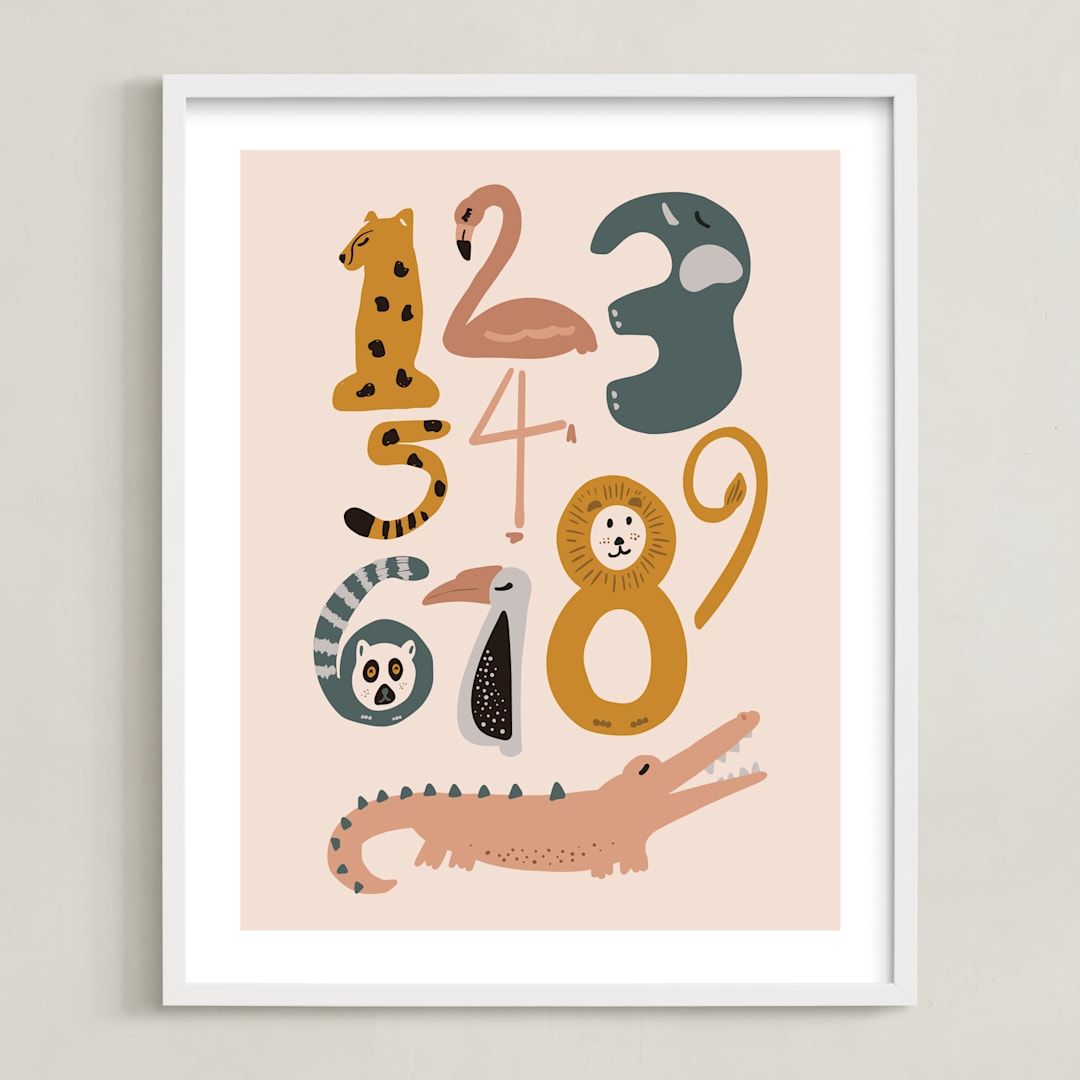 "Safari Friends Numerals" - Art Print in Flamingo by Jenna Holcomb - Framed