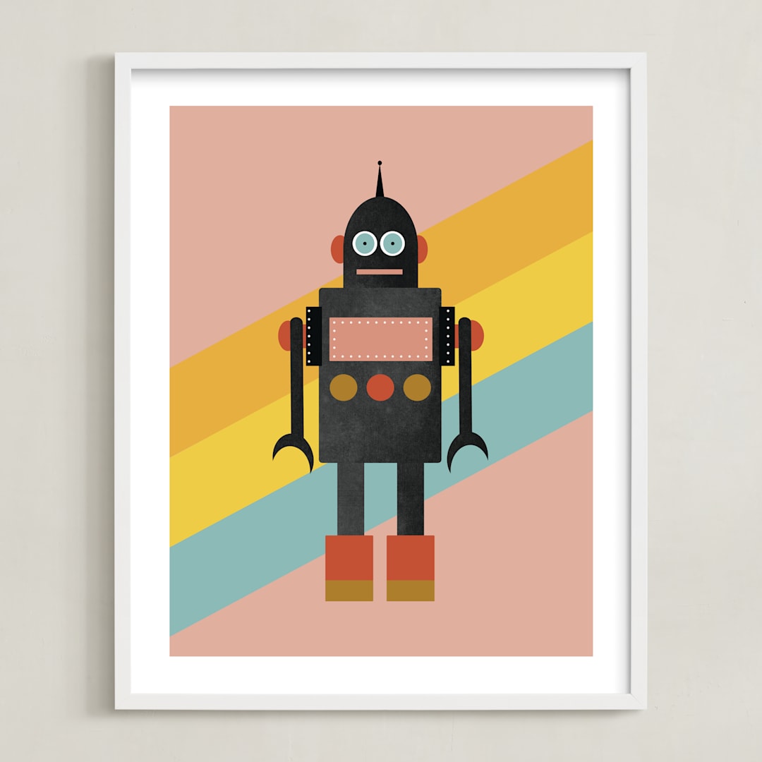 "Retro Robot" - Art Print in Bubblegum by Morgan Kendall - Framed