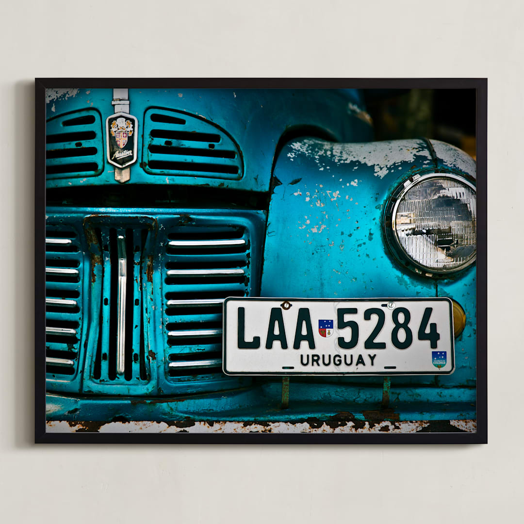 "Rusted Antique" - Art Print in Metallic Blue by Jason Derck - Framed