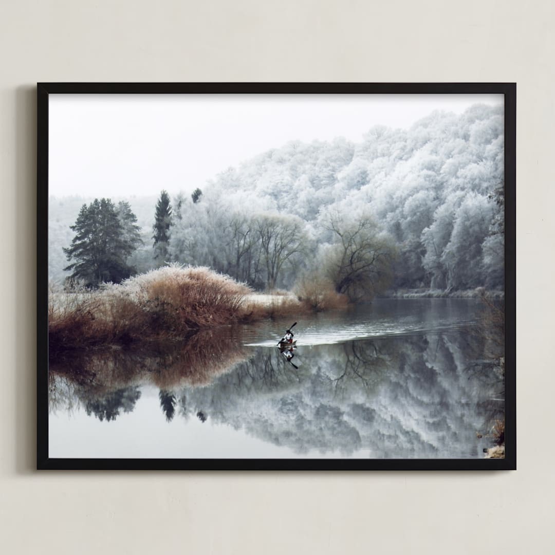 "Winter Kayak" - Art Print in dove blue by Eva Marion - Framed