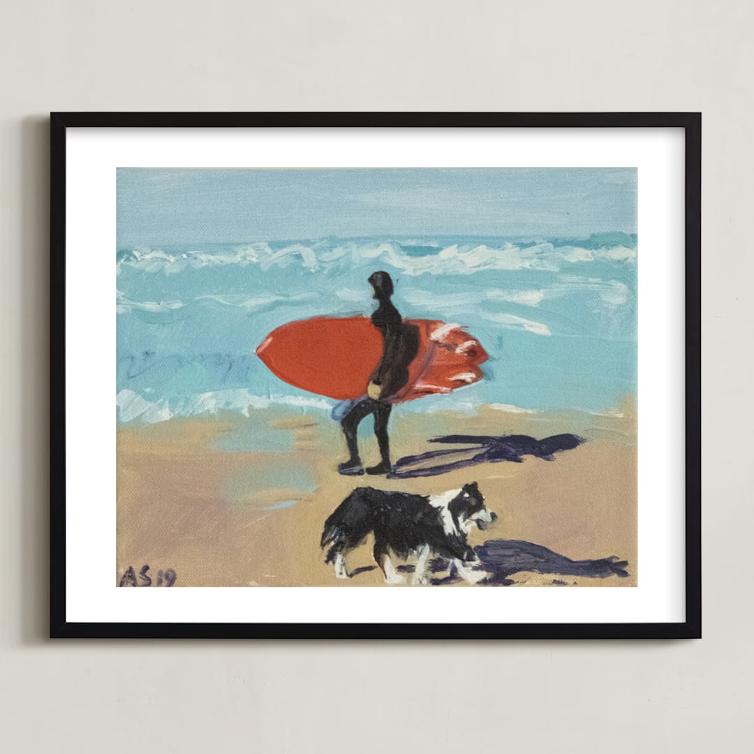 "Dog Beach Carmel; Surfer with Dog" - Art Print in Pacific Blue by Annie Seaton - Framed