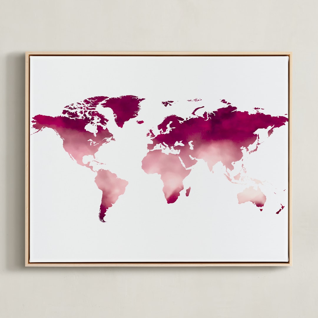 "Burgundy Watercolor World Map" - Art Print in Burgundy by Katrina Lindhorst - Framed Canvas