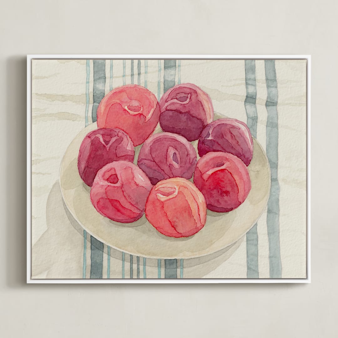 "red plums on linen tablecloth" - Art Print in Plum Red by Pippa Shaw - Framed Canvas