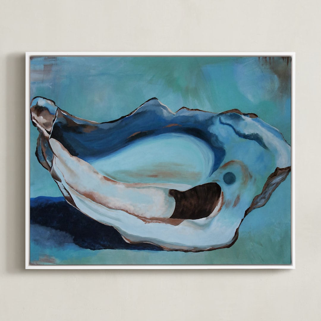 "Oyster Blues" - Art Print in Peacock Blue by Christa Wall - Framed Canvas