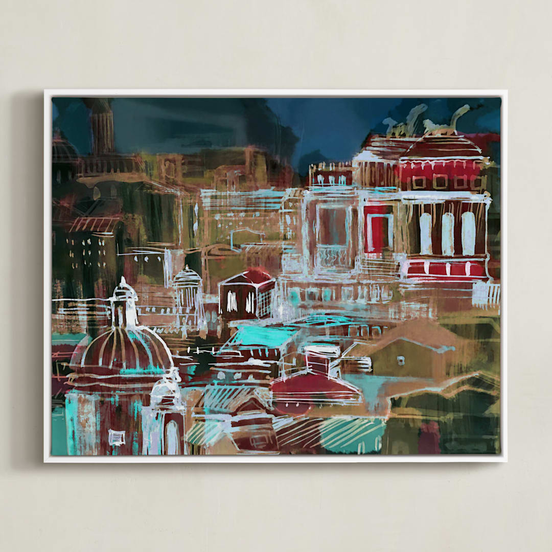 "Venice at night" - Art Print in Blue and Earth colors by Oana Prints - Framed Canvas
