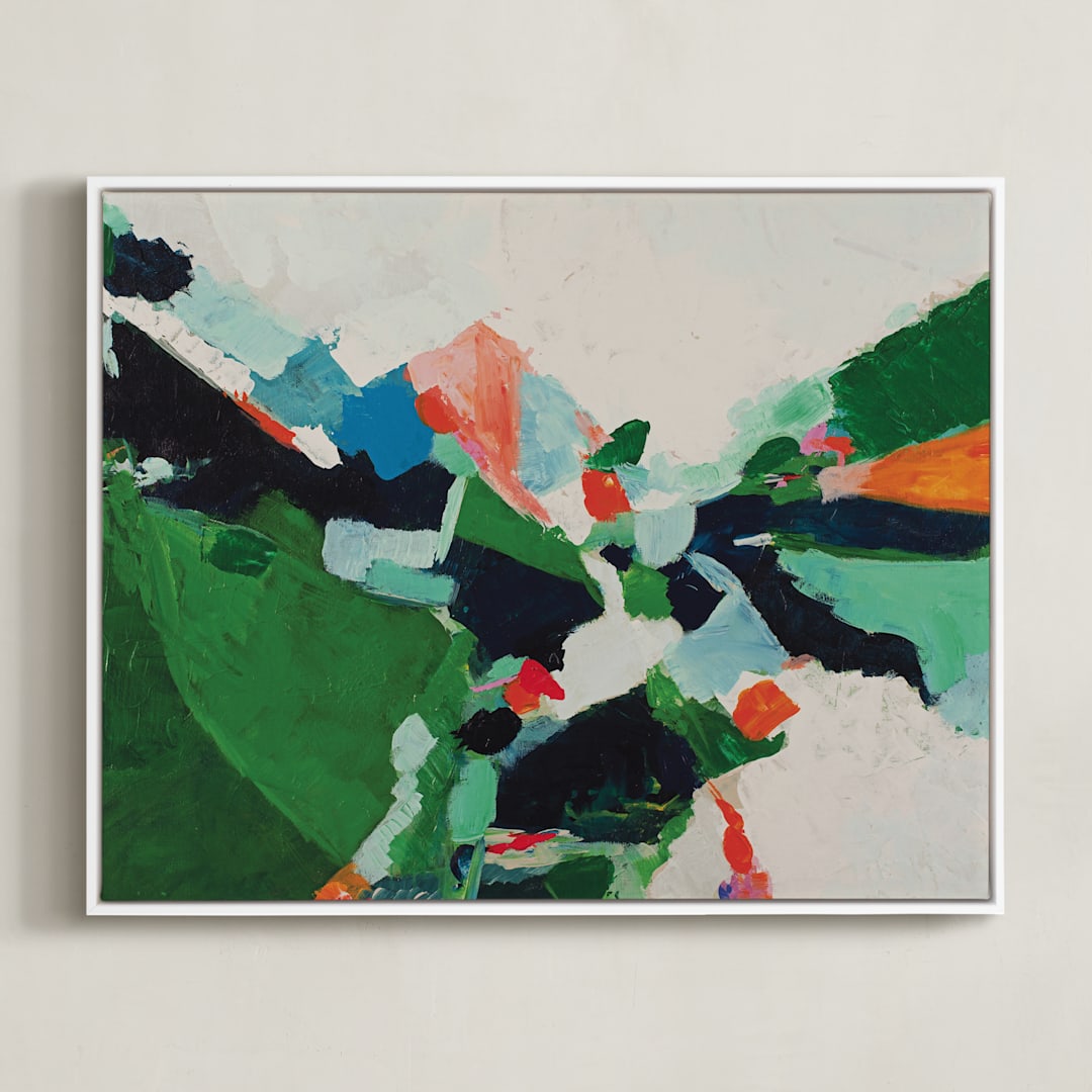 "Colorful Abstract Landscape" - Art Print in bright emerald green by Caryn Owen - Framed Canvas