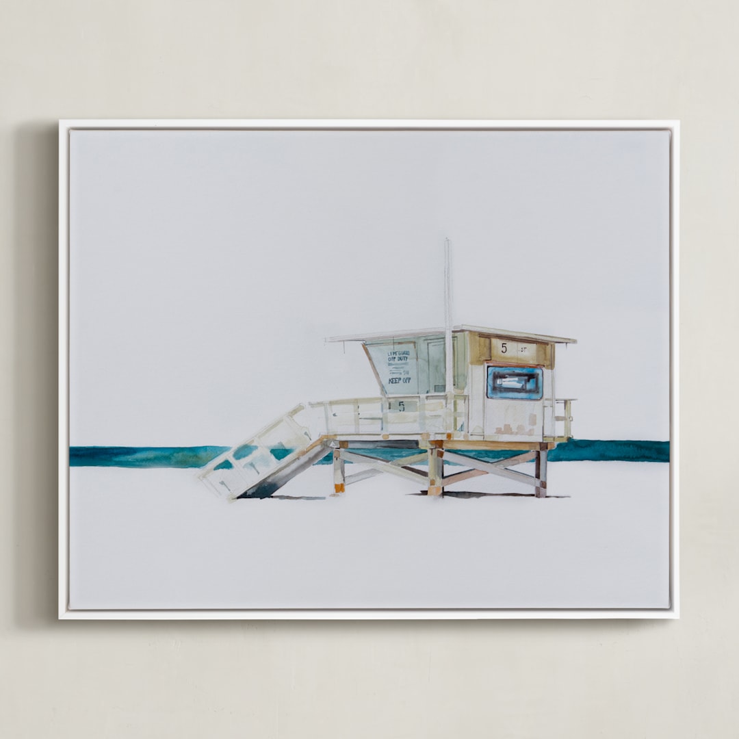 "Hermosa Beach Lifeguard Tower" - Art Print in Beige by Viktoria Eperjesi - Framed Canvas
