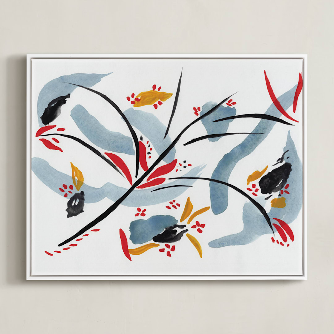 "Bloom on rain" - Art Print in indigo blue by FERNANDA MARTINEZ - Framed Canvas