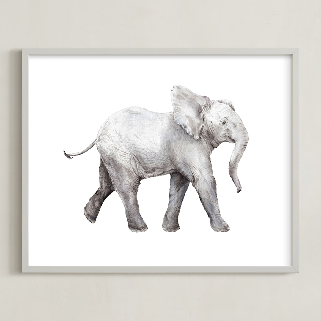 "Baby Watercolor Elephant" - Art Print in Elephant gray by Lauren Rogoff - Framed
