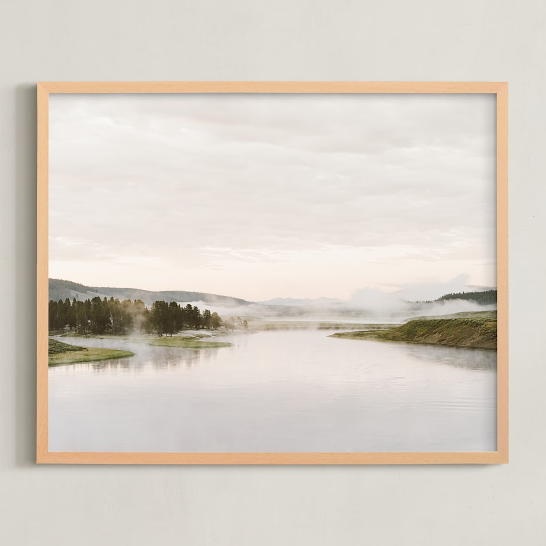 "Misty lake" - Art Print in autumn green by Kamala Nahas - Framed