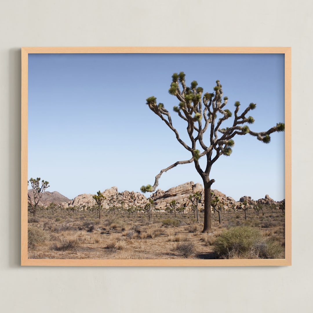 "Joshua Tree With Rock Formation in" - Art Print in Desert Tan by Kathy Van Torne - Framed