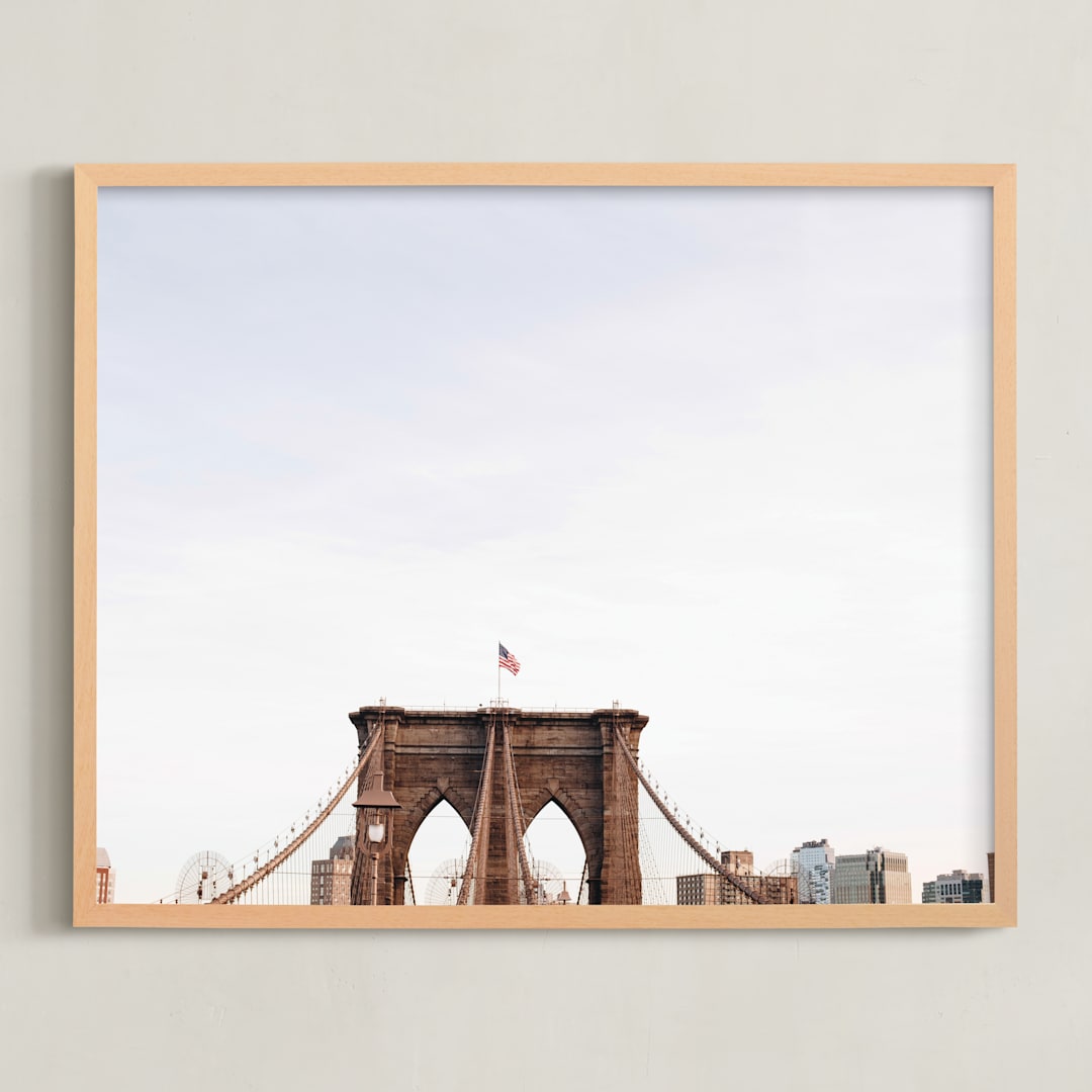 "Minimalist's View of the Brooklyn Bridge" - Art Print in Sunset Sky by The One With Wanderlust - Framed