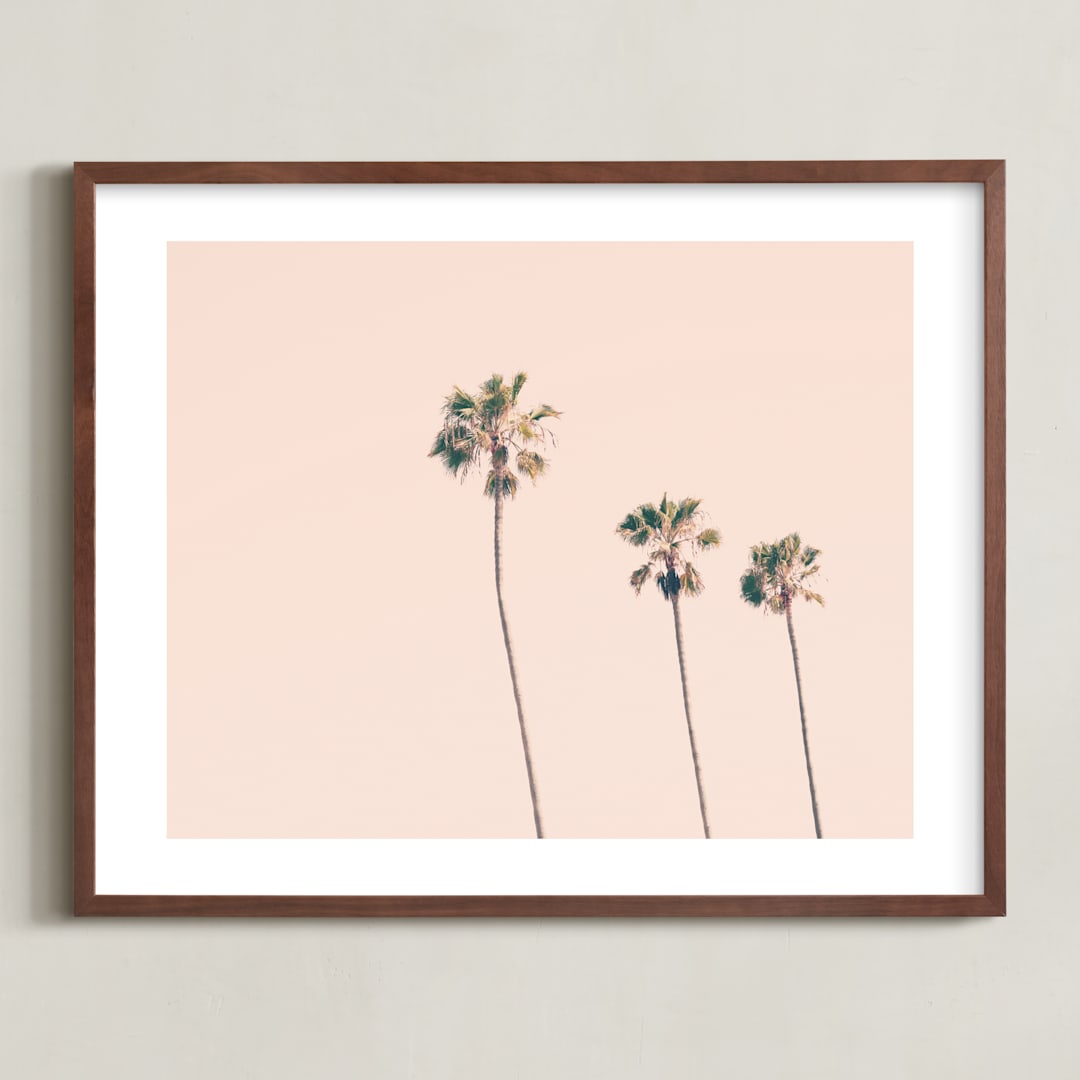 "Pink Sky & Palms" - Art Print in blush pink by Caroline Mint - Framed