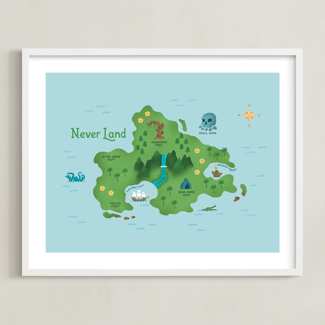 "Never Land Map" - Art Print in Ocean by Renee Christensen - Framed