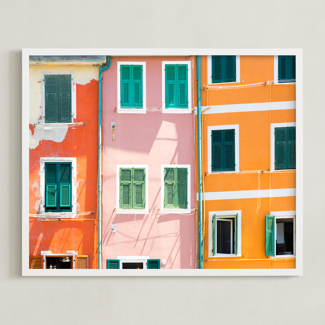 "Riomaggiore" - Art Print in Tangerine by Heather Deffense - Framed