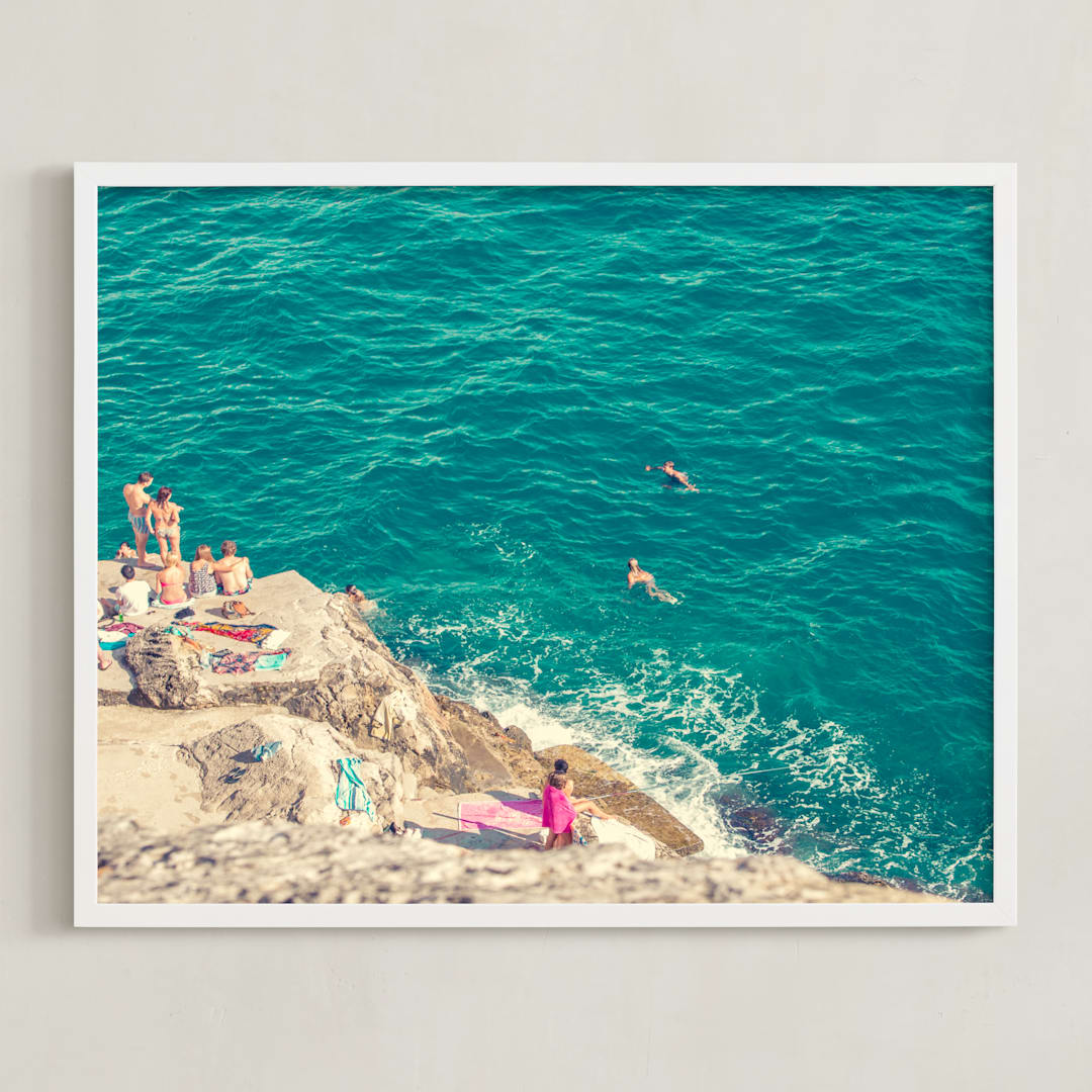 "Seaside" - Art Print in Bright Teal by Kitty Seeber - Framed