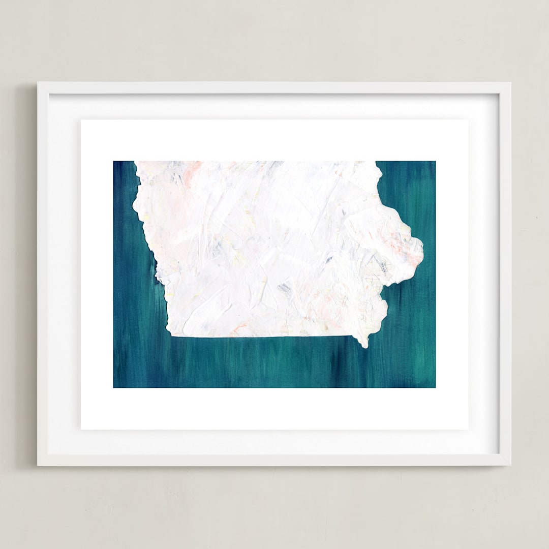 "Iowa in Paint" - Art Print in Iowa Teal by Denise Wong - Framed