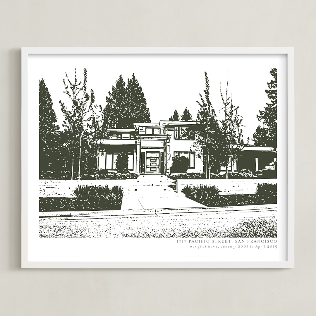 "Custom House Portrait with Text" - Custom Print in Olive Shadow by Minted - Framed