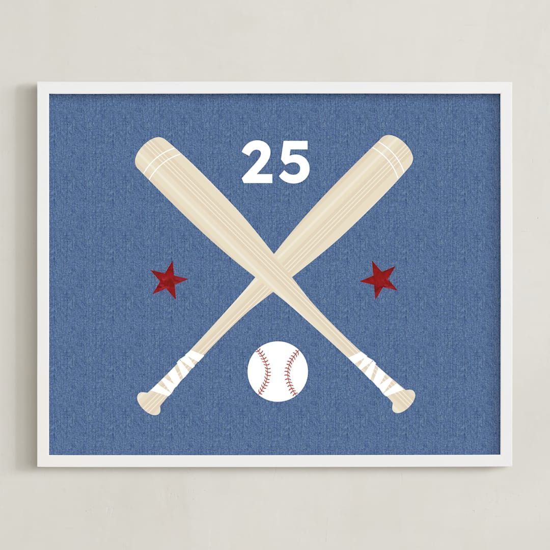 "Little Slugger Series 3" - Personalized Art Print in Denim by Pinky Diamond Studio - Framed