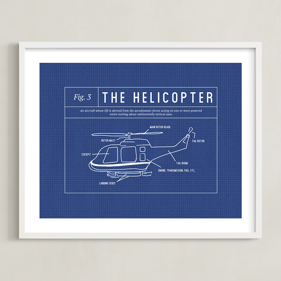 "Helicopter Blueprint" - Art Print in Blueprint by Meggy Masters - Framed