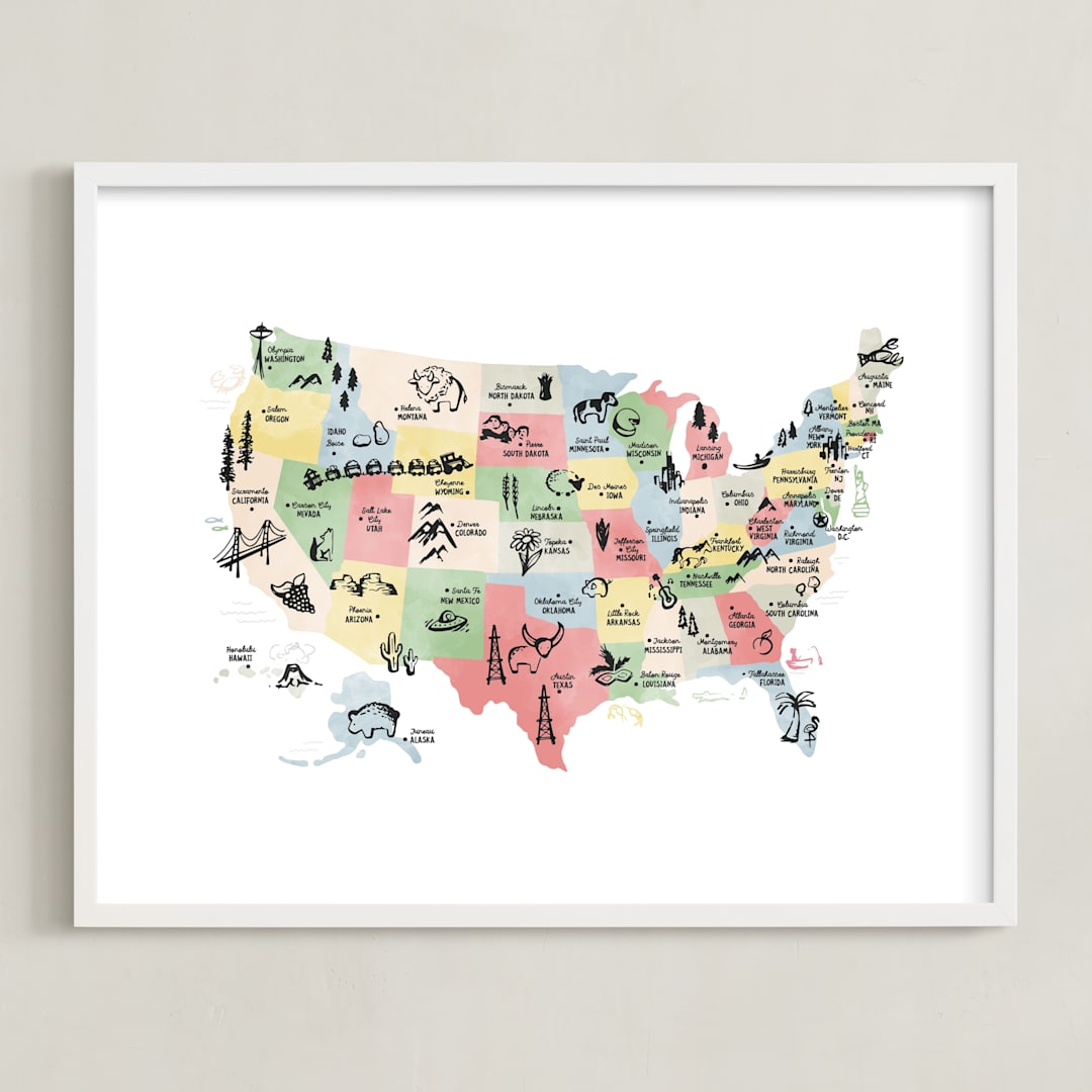 "Retro United States Map" - Art Print in Vintage by Jessie Steury - Framed