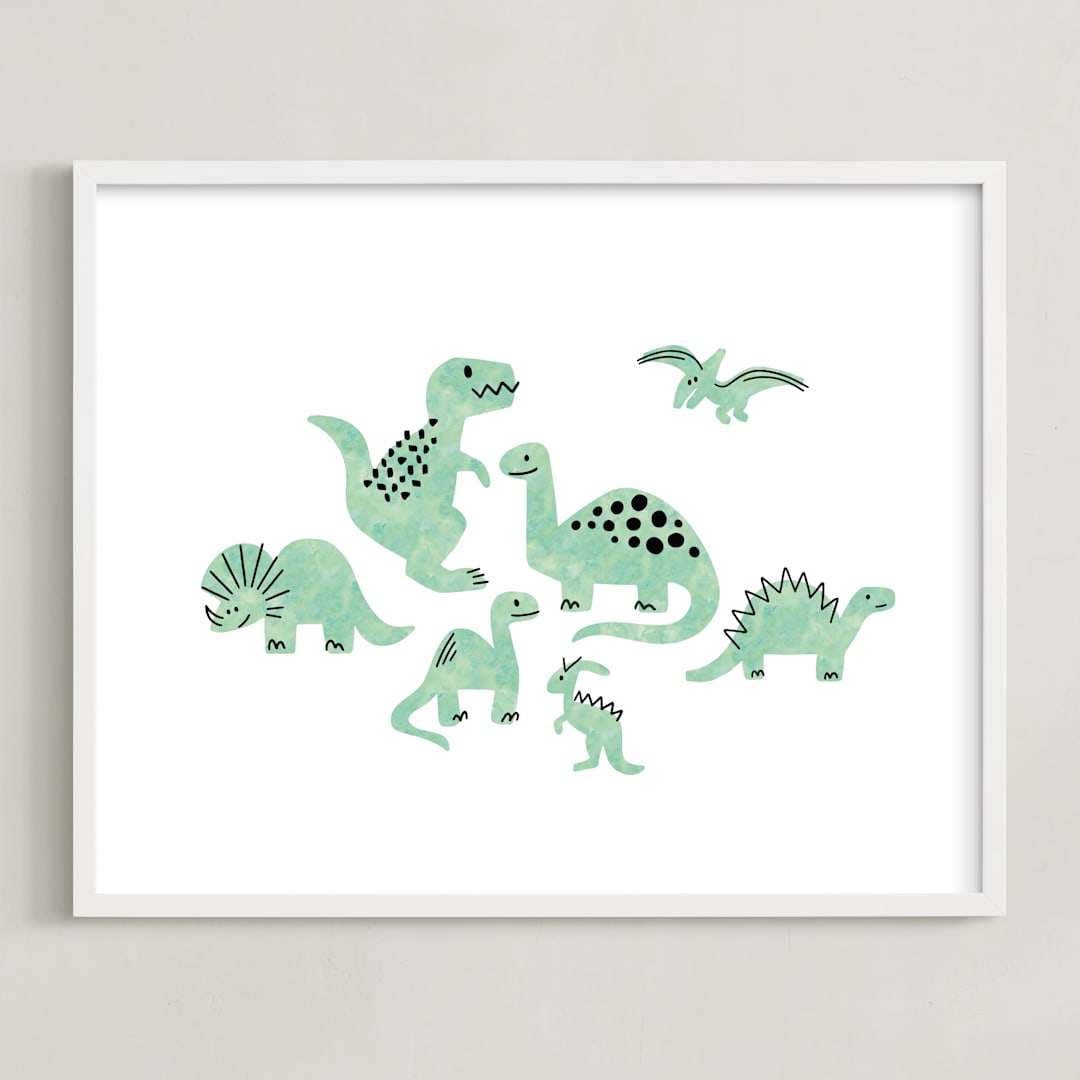 "Darling Dinos" - Art Print in Fern by Jessie Steury - Framed