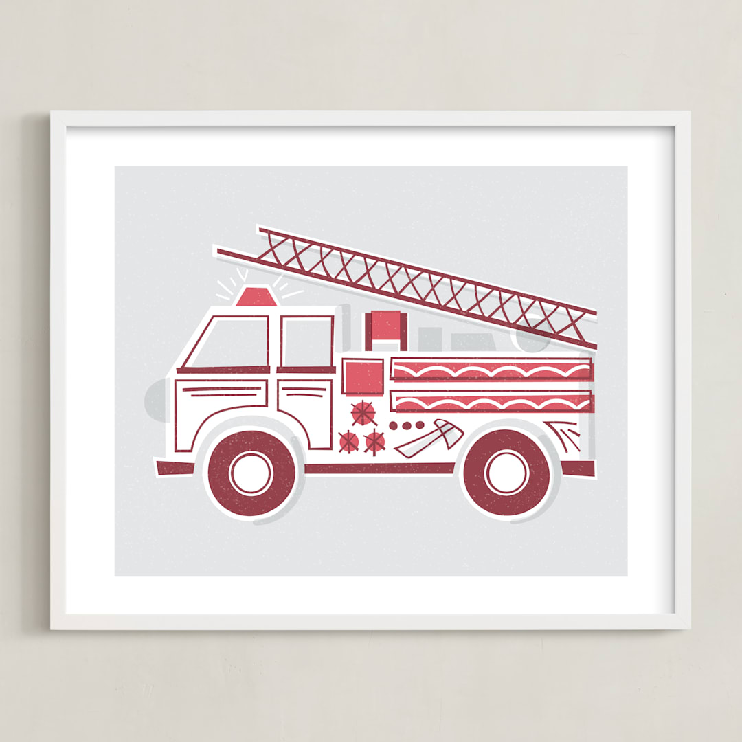 "Fancy Firetruck" - Art Print in Retro Red by Jessie Steury - Framed