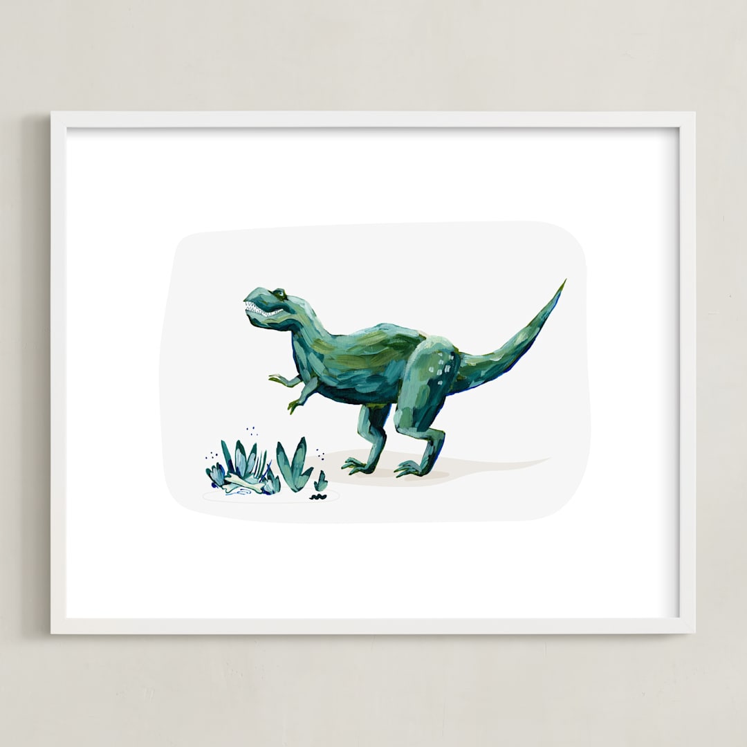 "Terrific T-Rex" - Art Print in Leaf by Kayla King - Framed