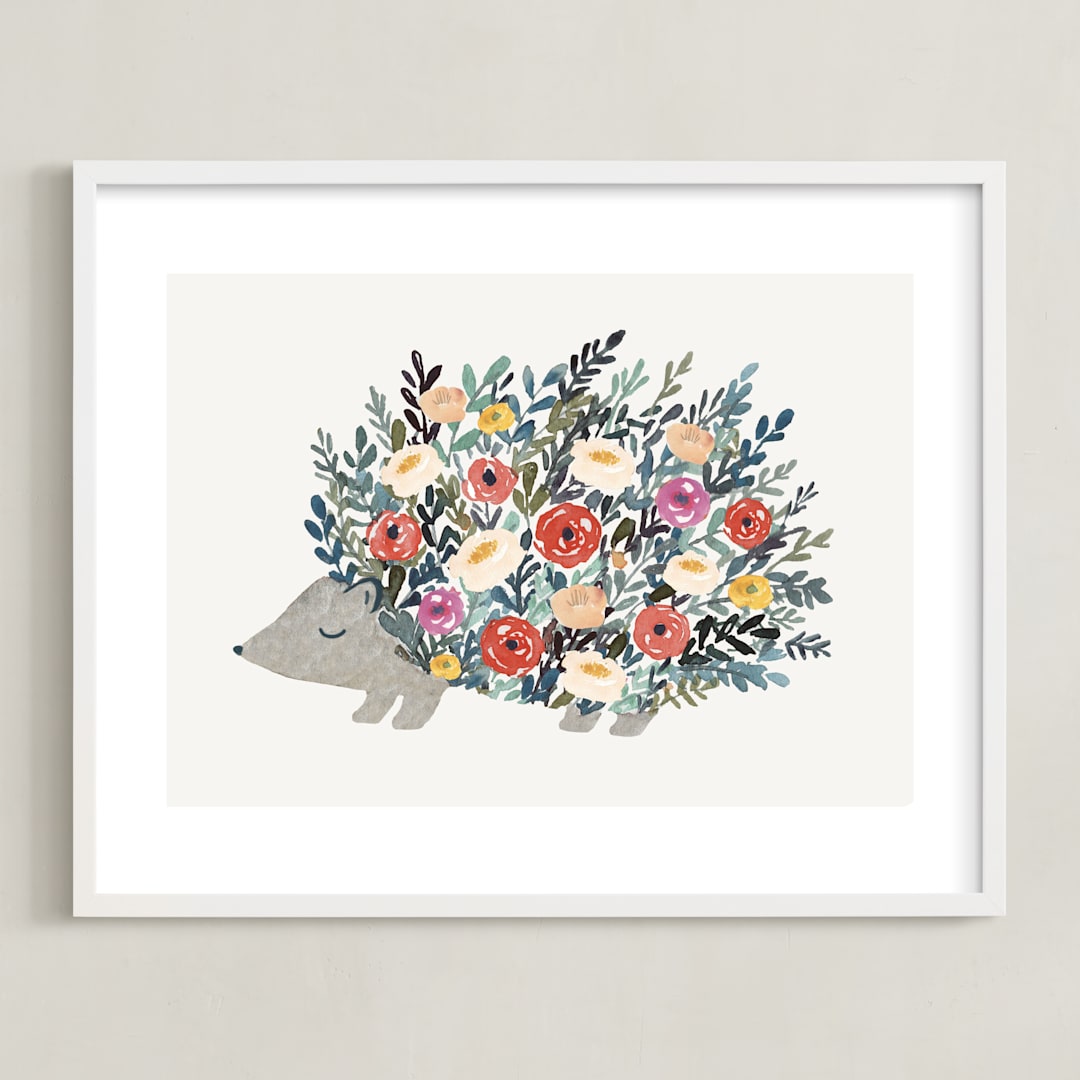 "Porcupine Bloom" - Art Print in Peony Red by Afton Harding - Framed