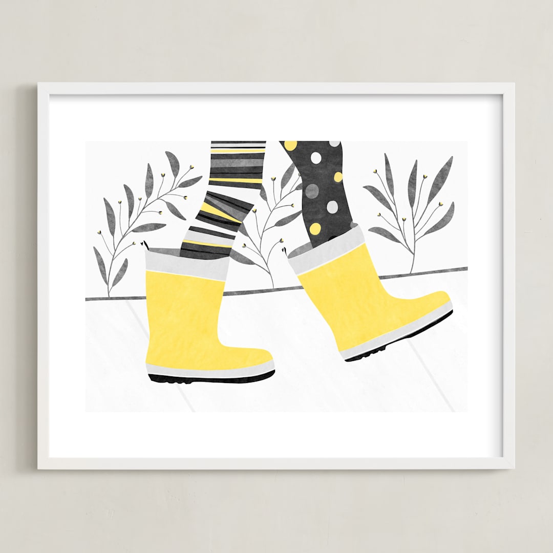 "rainboots on sunny days" - Art Print in dandelion yellow by Leanne Friedberg - Framed