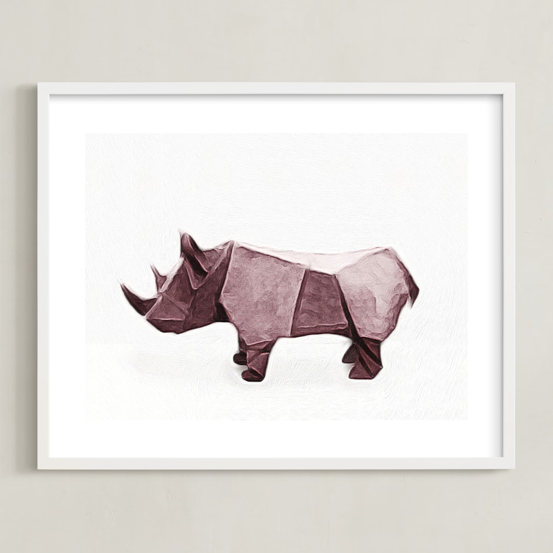 "Paper Animals: Rhinoceros" - Art Print in Moody cherry by Maja Cunningham - Framed