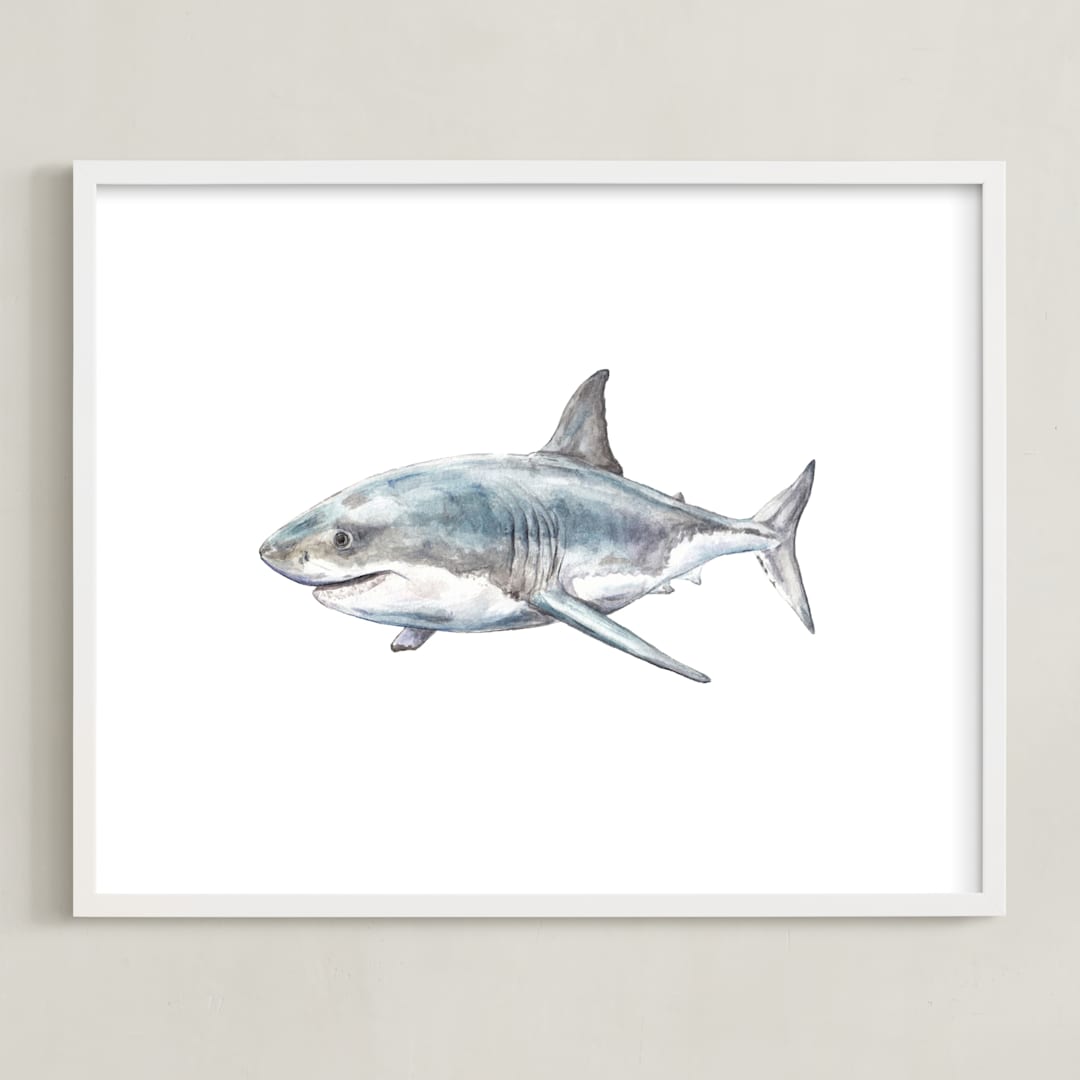 "Shark in Smiling Waters" - Art Print in Shark Gray by Lauren Rogoff - Framed
