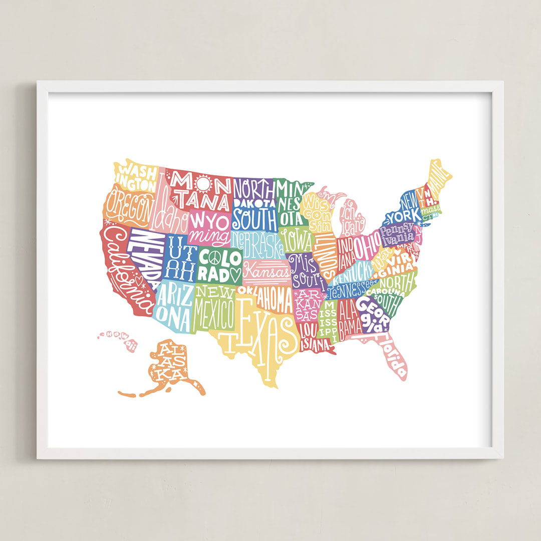 "Delightfully Lettered USA Map" - Art Print in Rainbow by Jessie Steury - Framed
