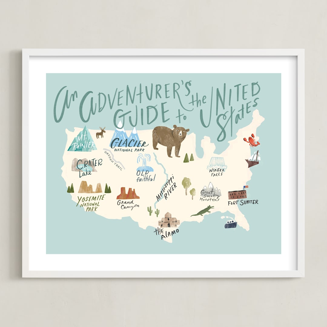 "Adventurer's Guide" - Art Print in Blue by Hannah Williams - Framed