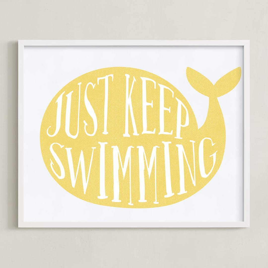 "Keep Swimming" - Art Print in Lemon yellow by Johanna Phillips Huuva - Framed