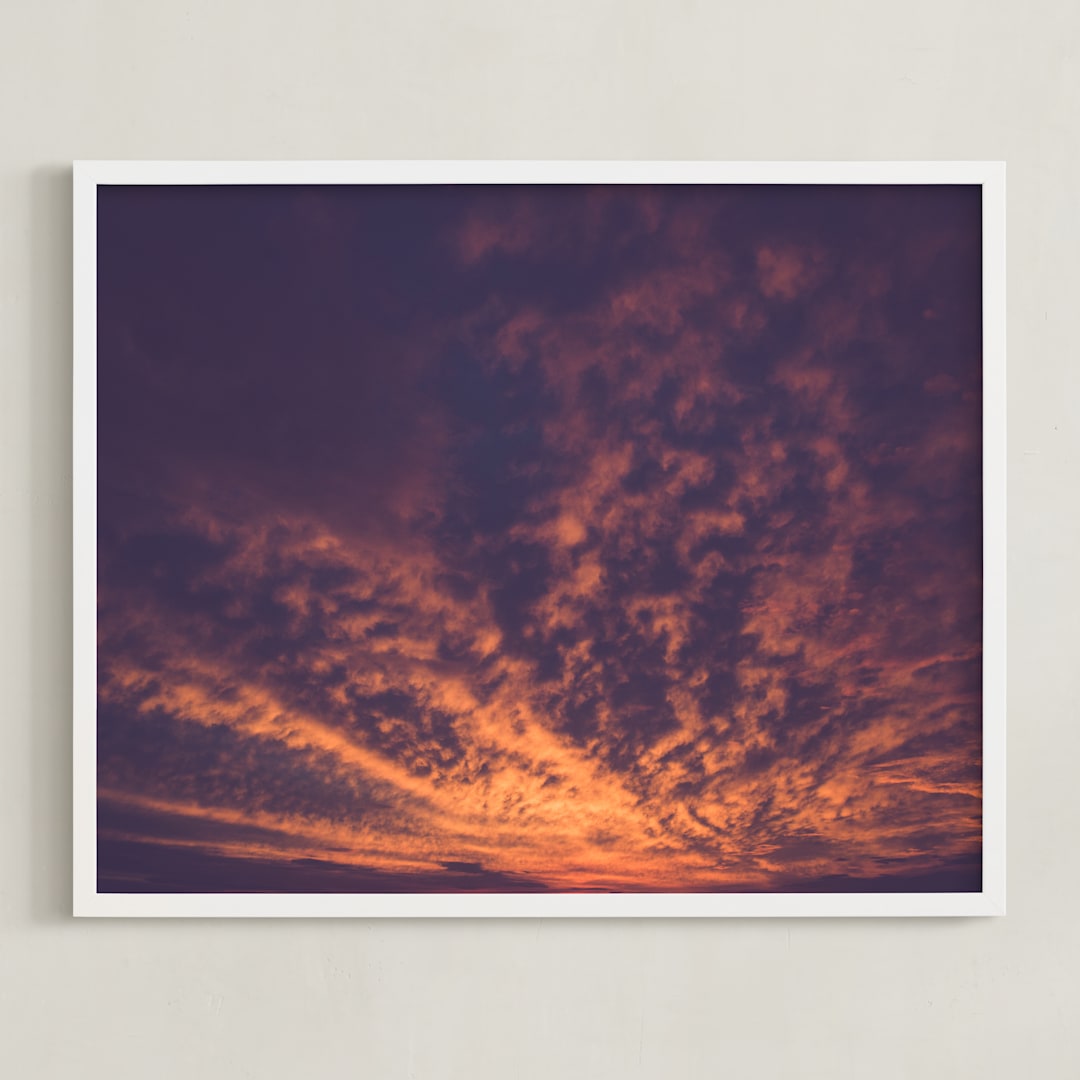 "Red sunset and lake" - Art Print in orange brick by Lying on the grass - Framed