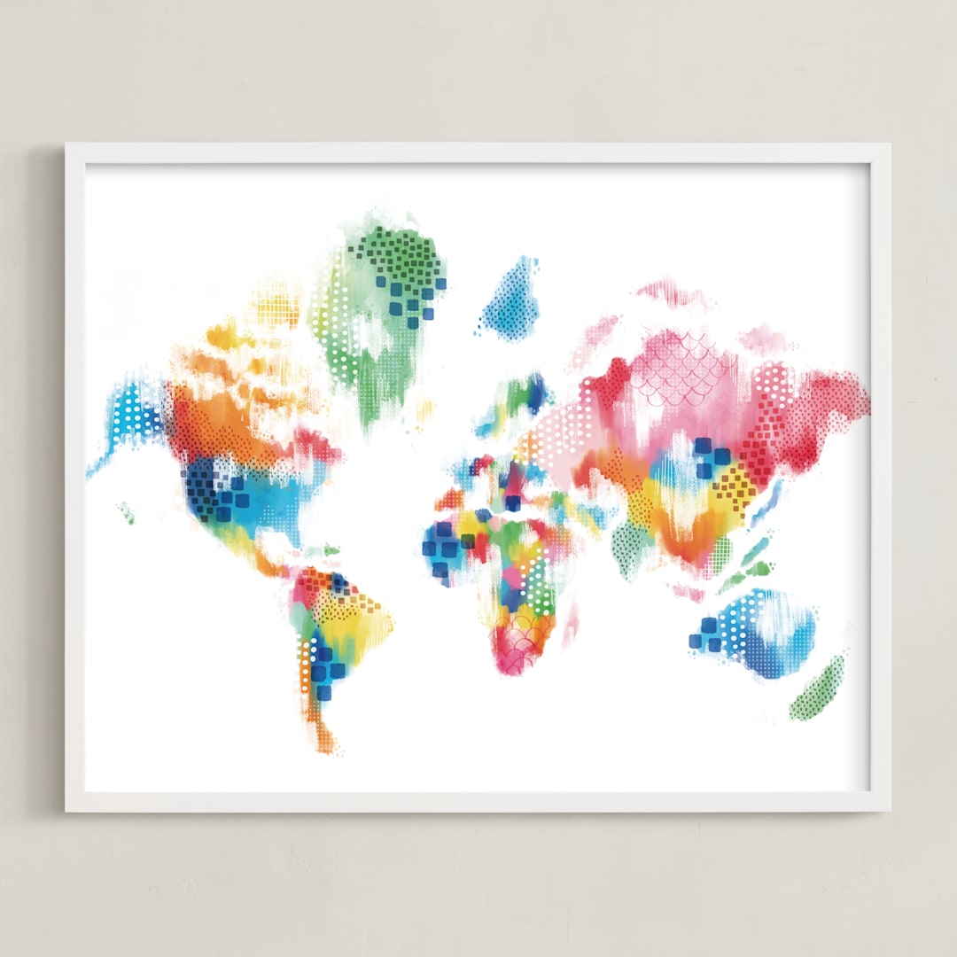 "Abstract World Map" - Art Print in Rainbow by Jessie Steury - Framed