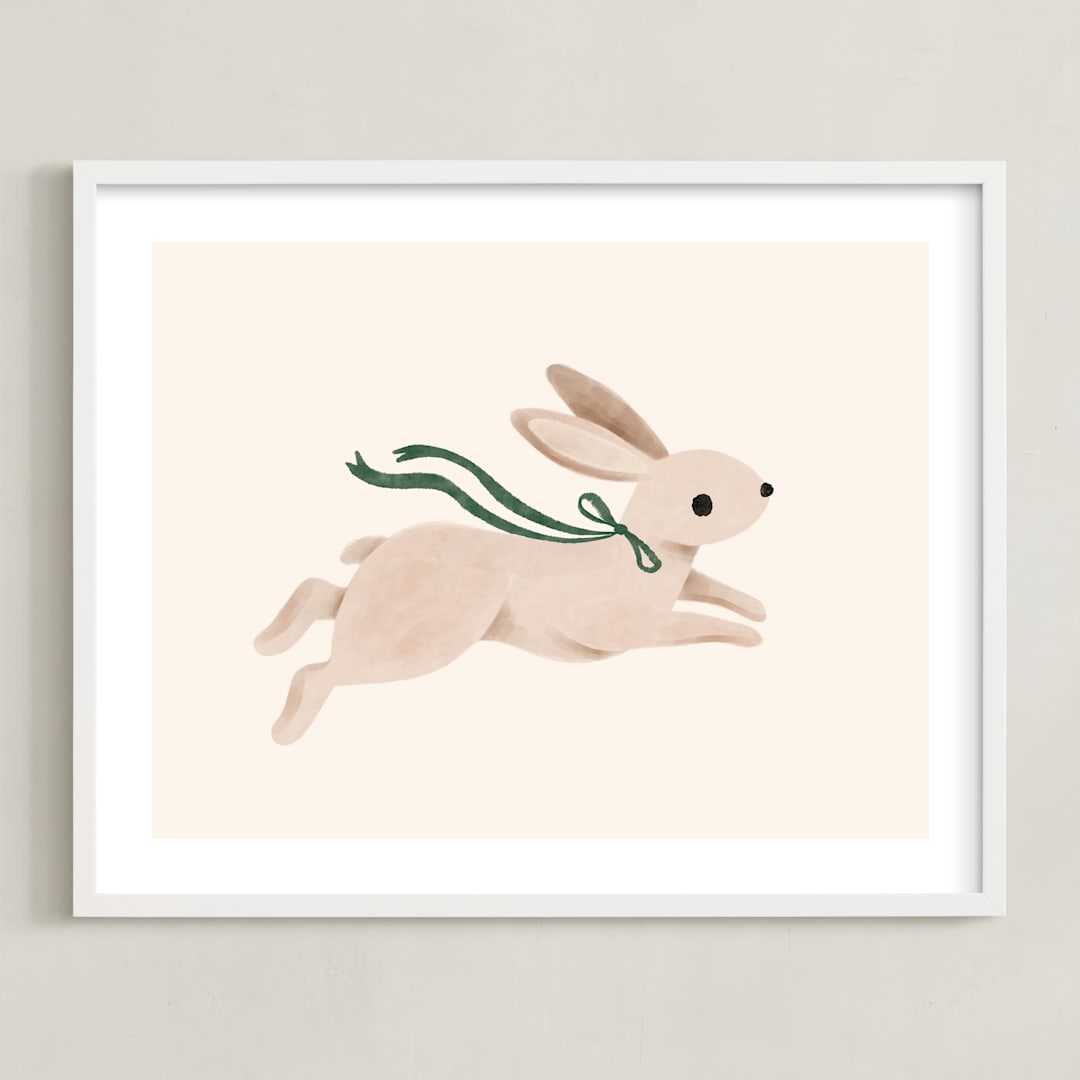 "Rabbit With Bow" - Art Print in Hunter Green by Vivian Yiwing - Framed