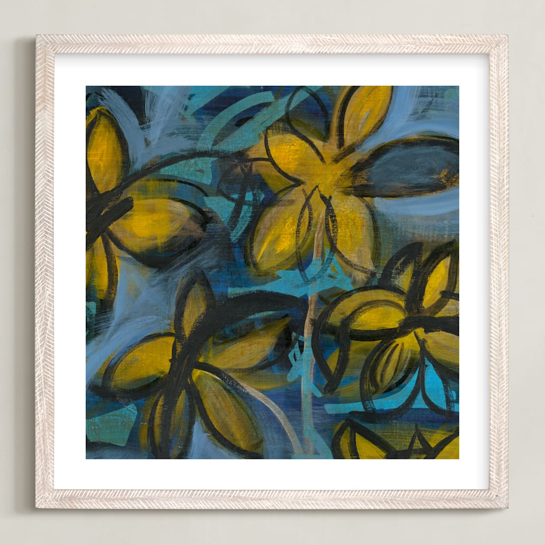 "Shining Flowers Series 1" - Art Print in Vibrant Blue and Yellow by Angela Simeone - Framed