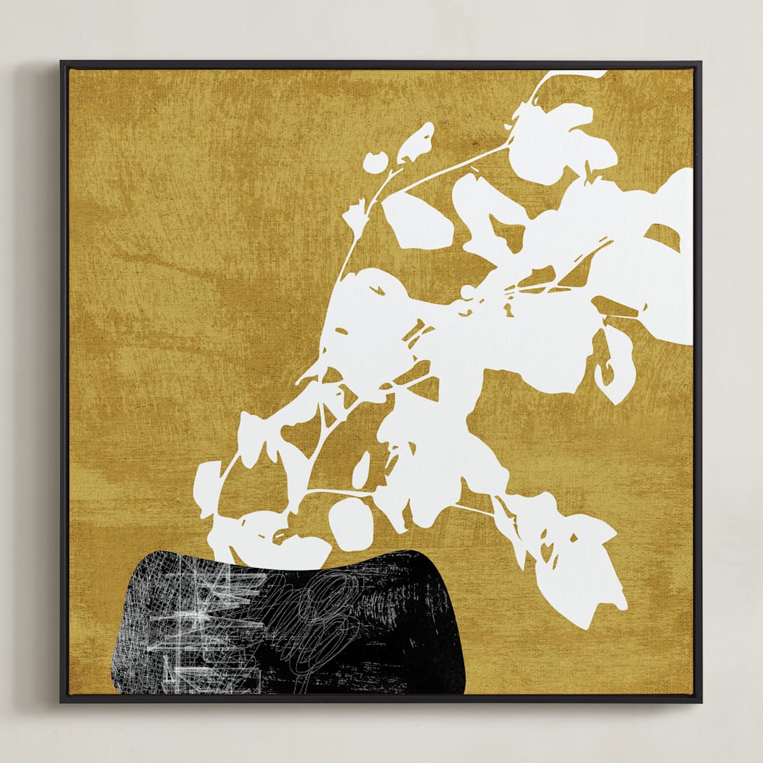 "Ochre Eucalyptus III" - Art Print in Mustard by Tanya Lee Design - Framed Canvas