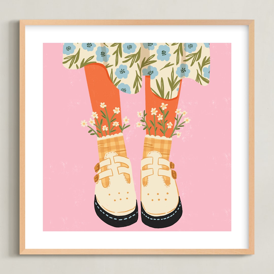 "Daisy Feet" - Art Print in Pink Daisy by Janna Sue Design - Framed
