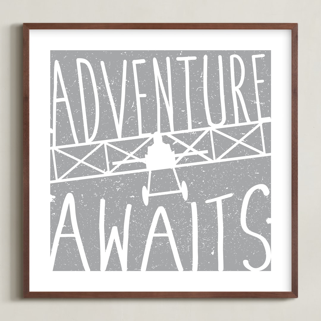 "Adventure Awaits Vintage Airplane" - Art Print in White by Lorena Depante - Framed