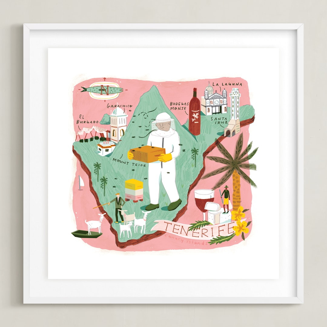 "Tenerife Map" - Art Print in Tenerife Pink by Lindsey Balbierz - Framed