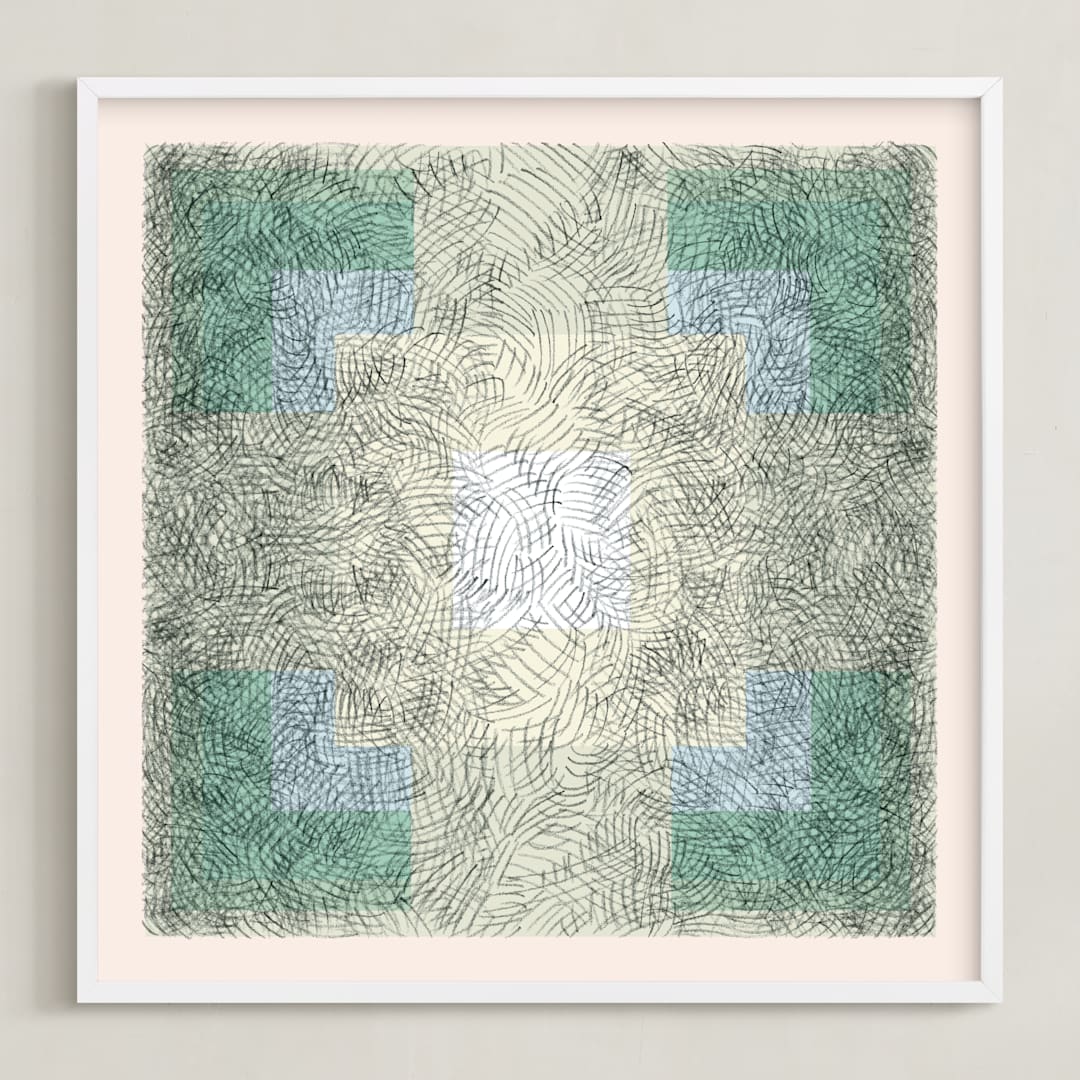"Scribble Square" - Art Print in Green Pastel by Kathleen Ney - Framed